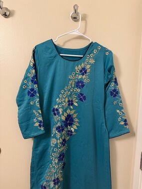 Pakistani Teal hand Embroidered Floral Kurta Dress